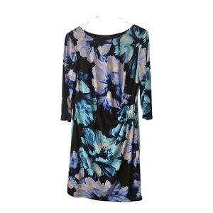 RN Studio Black & Blue Floral Jersey  3/4 Sleeve Dress;Ronni Nicole;Petite Large